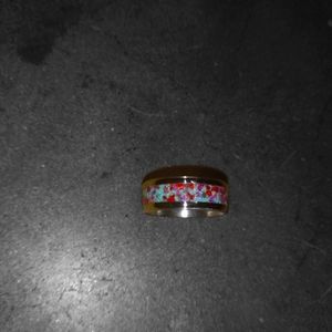 Fire red opal with crushed turquoise channel ring
